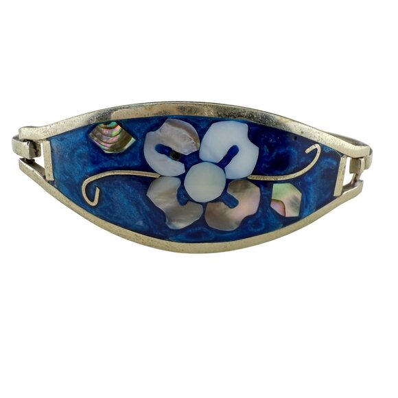 Vintage Alpaca Mexico Blue Enamel Flower Inlay Abalone & Mother Of Pearl Cuff Br - Picture 2 of 7